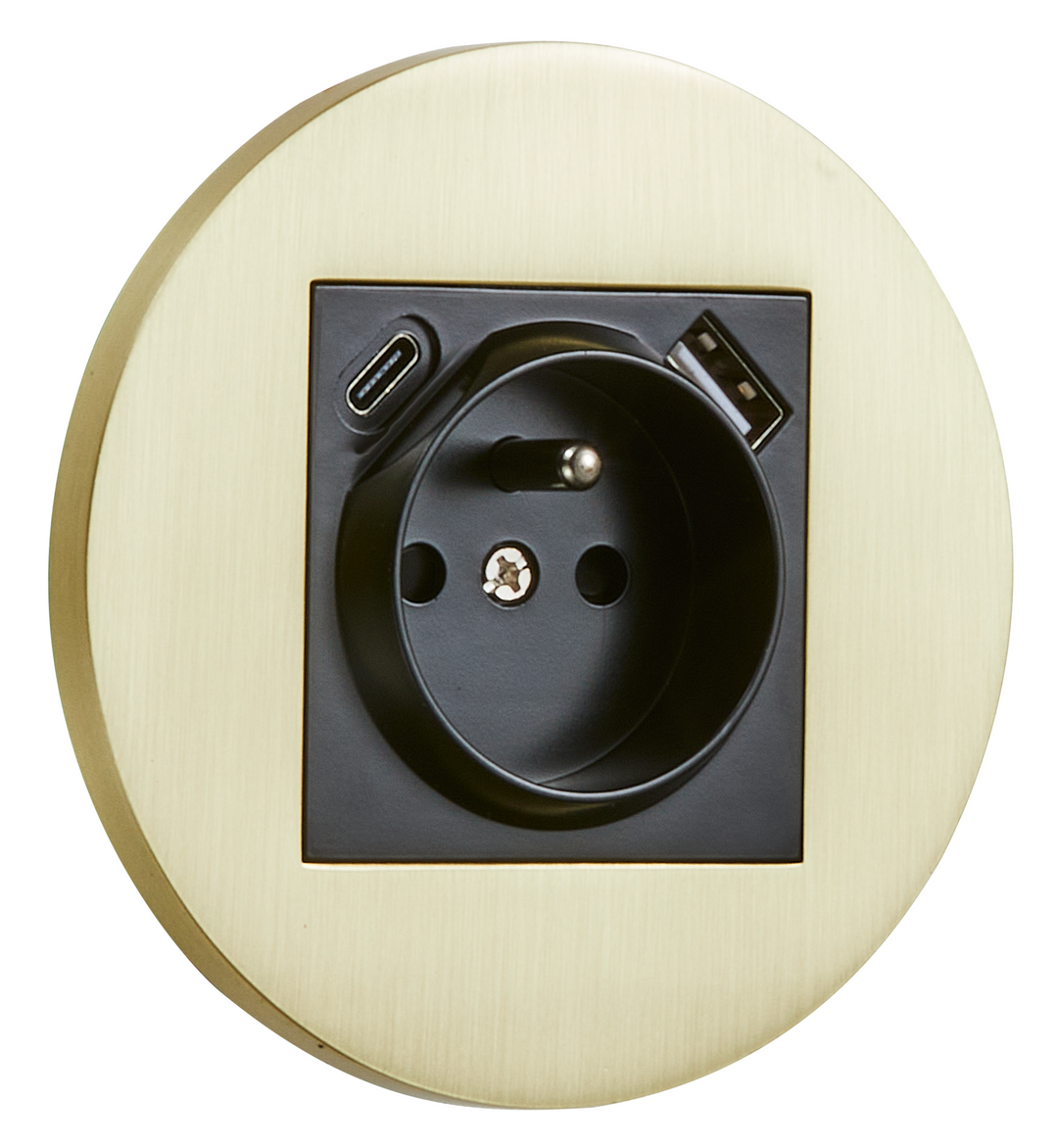 Priza rotunda French + USB + USB-C auriu periat