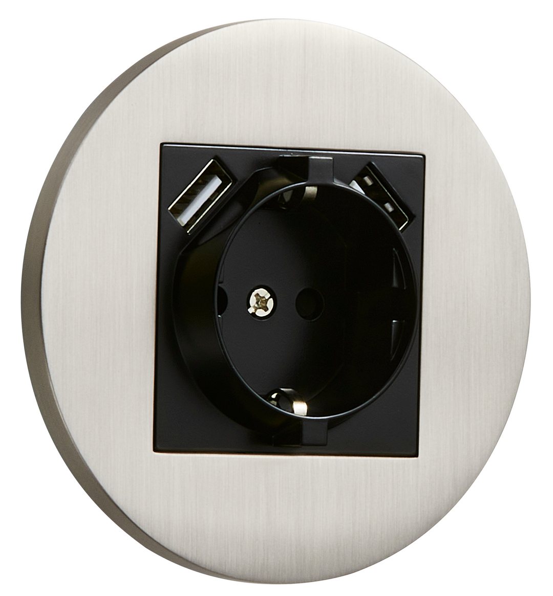 Priza rotunda Schuko + 2 x USB nichel periat