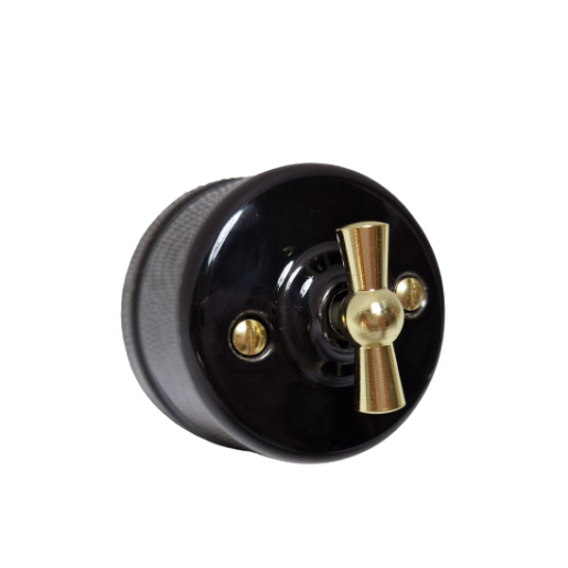 Intrerupator ceramic aparent dublu/negru cu buton auriu vintage
