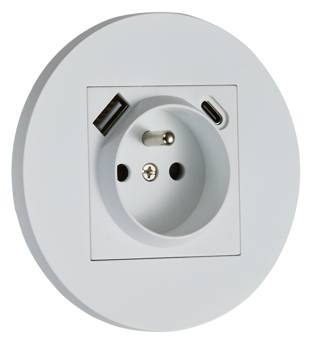 Priza rotunda French + USB + USB-C alb mat