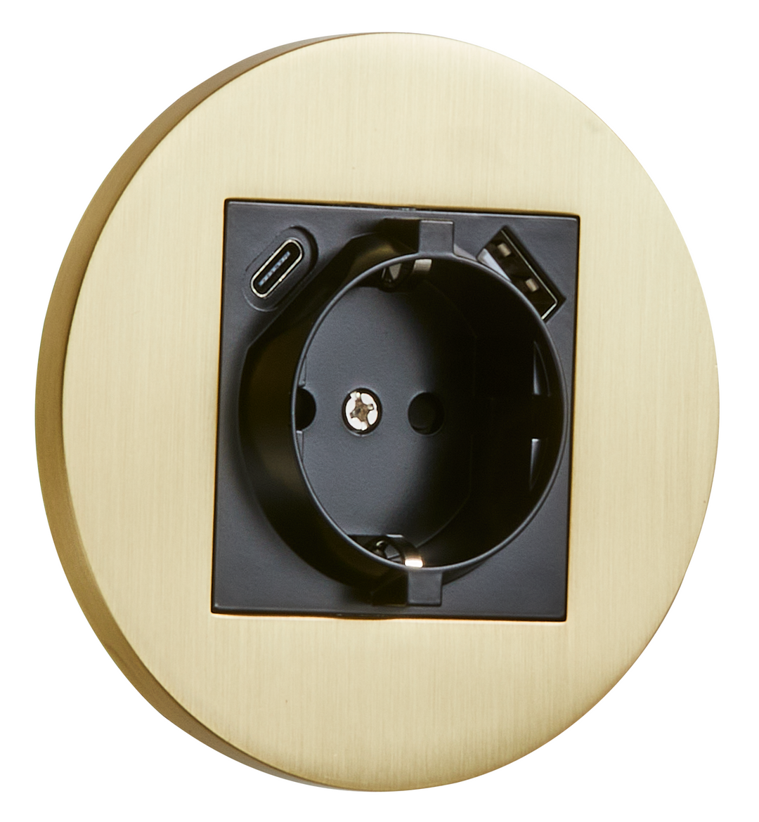 Priza rotunda Schuko + USB + USB-C auriu periat
