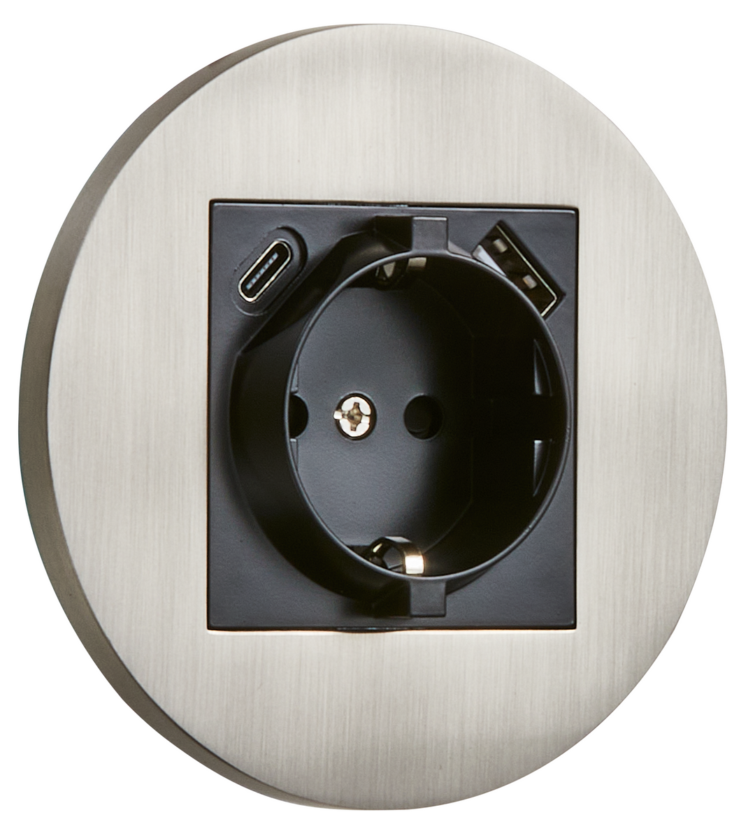 Priza rotunda Schuko + USB + USB-C nichel periat