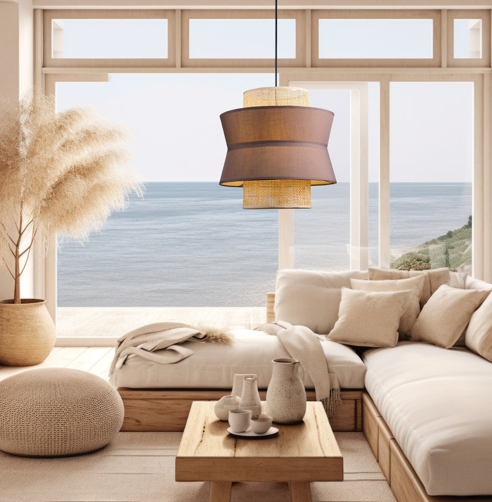 Pendul cu abajur dublu din ratan si material Rika