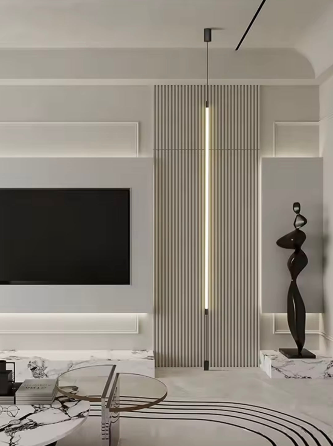 Suspensie minimalista LED tubulară verticală din țesătură alba Wov