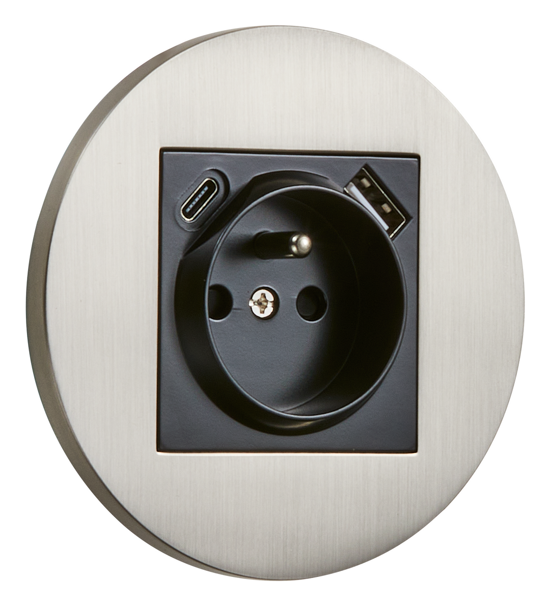Priza rotunda French + USB + USB-C nichel peria