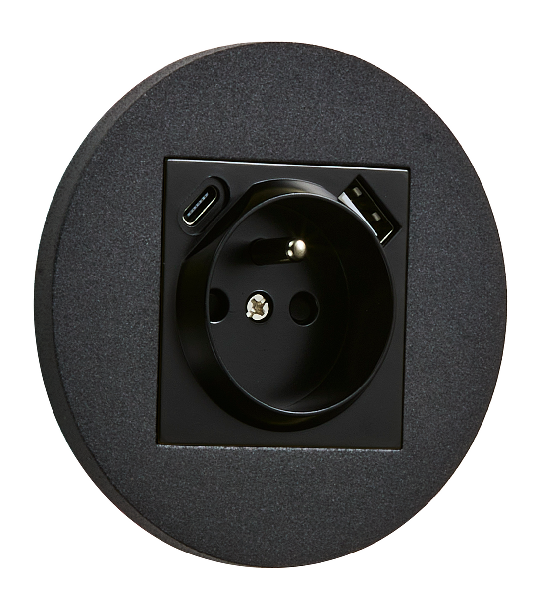 Priza rotunda French + USB + USB-C negru mat