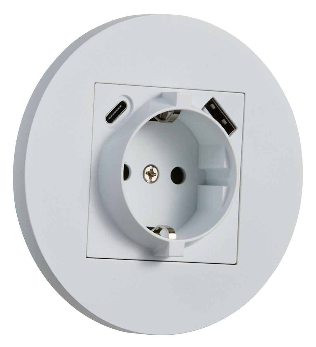 Priza rotunda Schuko + USB + USB-C alb mat