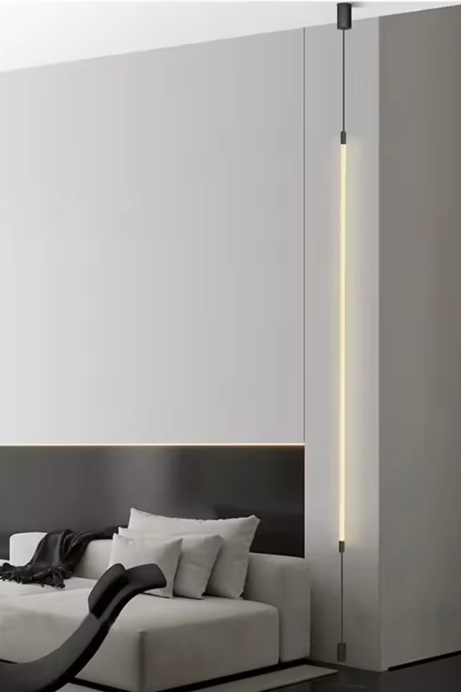 Suspensie minimalista LED tubulară verticală din țesătură alba Wov