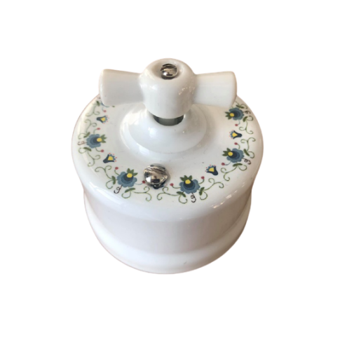 Intrerupator ceramic aparent dublu/interrupator alb cu decor albastru floral