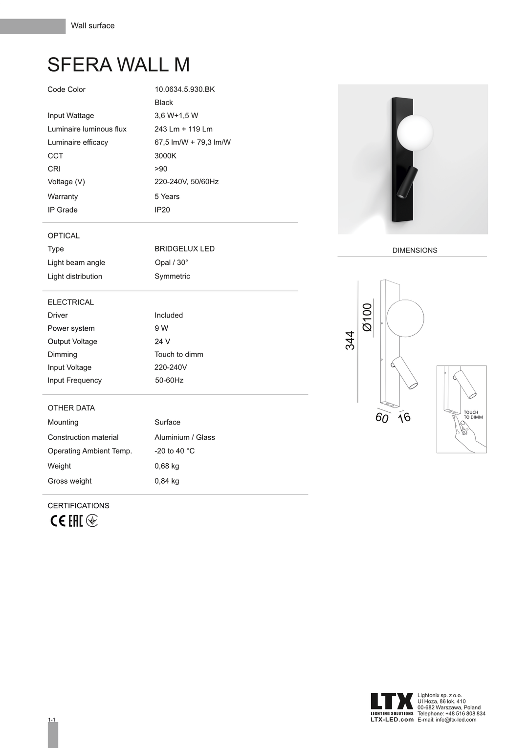 Aplica de perete cu lumina de citit Sfera M by LTX