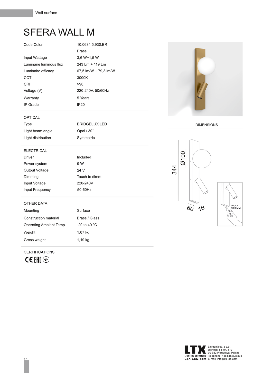 Aplica de perete cu lumina de citit Sfera M by LTX