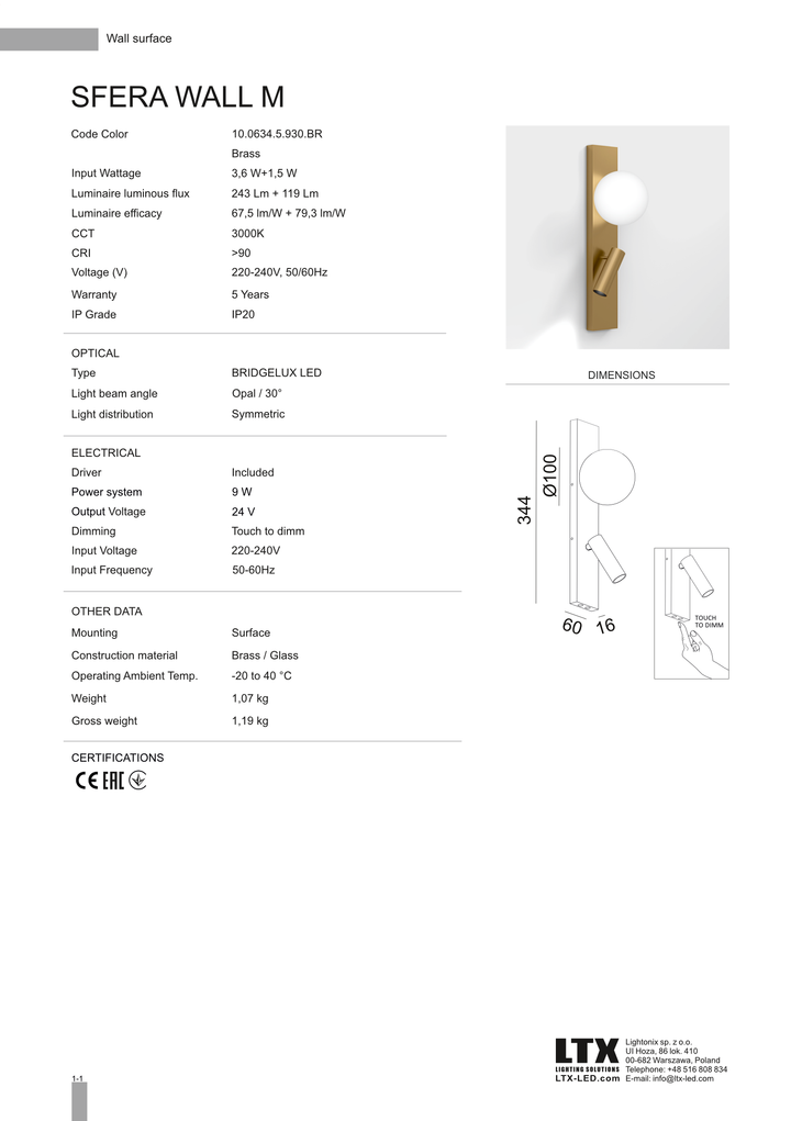 Aplica de perete cu lumina de citit Sfera M by LTX