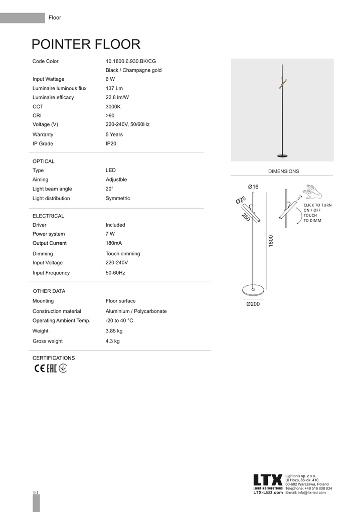 Lampadar liniar cu spot Pointer by LTX