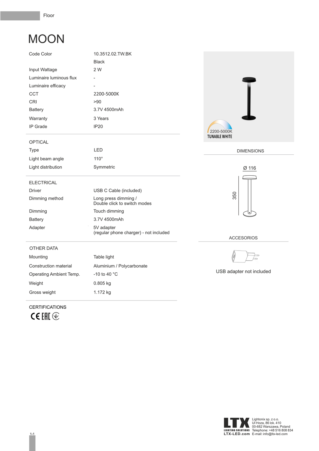 Lampa de masa cu acumulator Moon by LTX