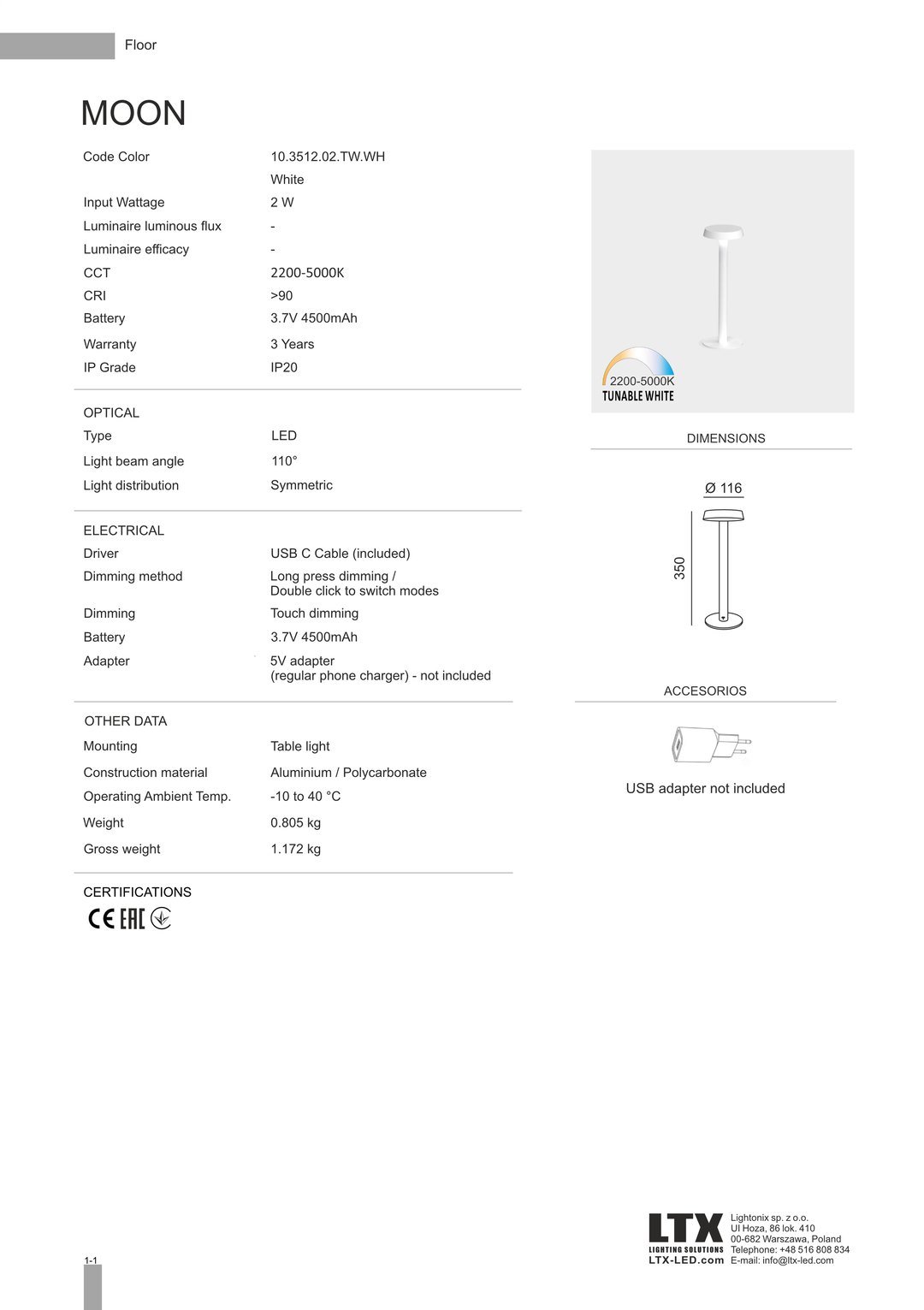 Lampa de masa cu acumulator Moon by LTX