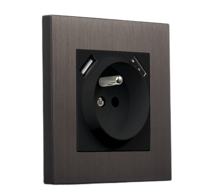 Priza cu impamantare + 2 x USB maro periat