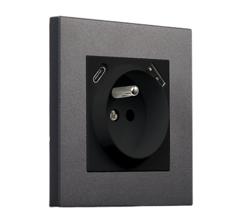 Priza cu impamantare + USB + USB-C negru mat