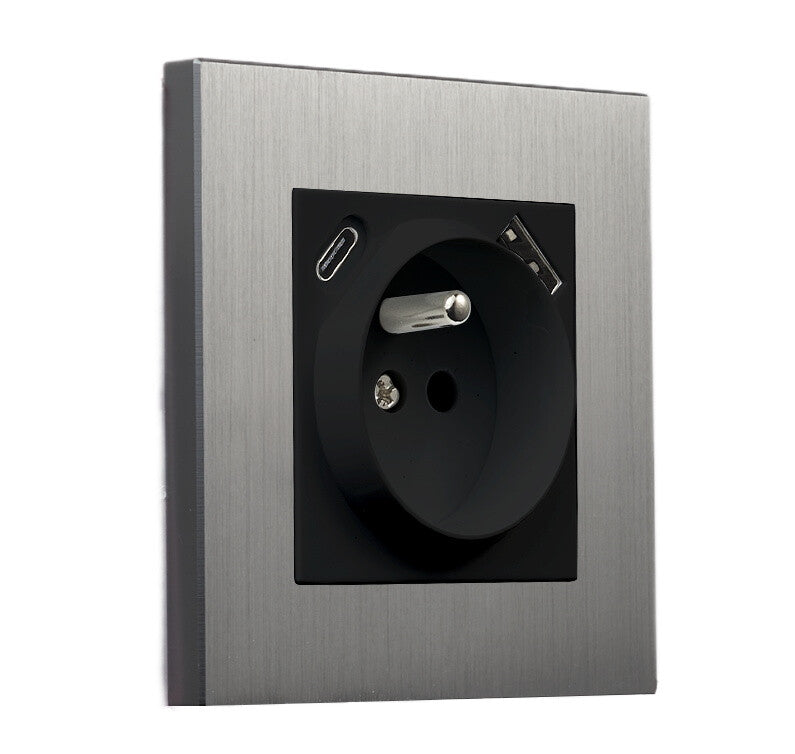 Priza cu impamantare + USB + USB-C nichel periat