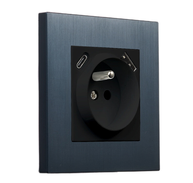 Priza cu impamantare + USB + USB-C albastru inchis periat