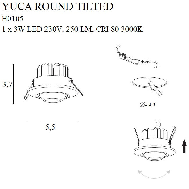 Spot incastrat Max Yuca Round Tilted negru 3w Maxlight H0105