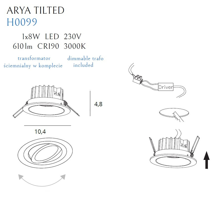 Spot incastrat Max Arya Tilted negru 8w Maxlight H0099