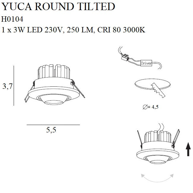 Spot incastrat Max Yuca Round Tilted alb 3w Maxlight H0104