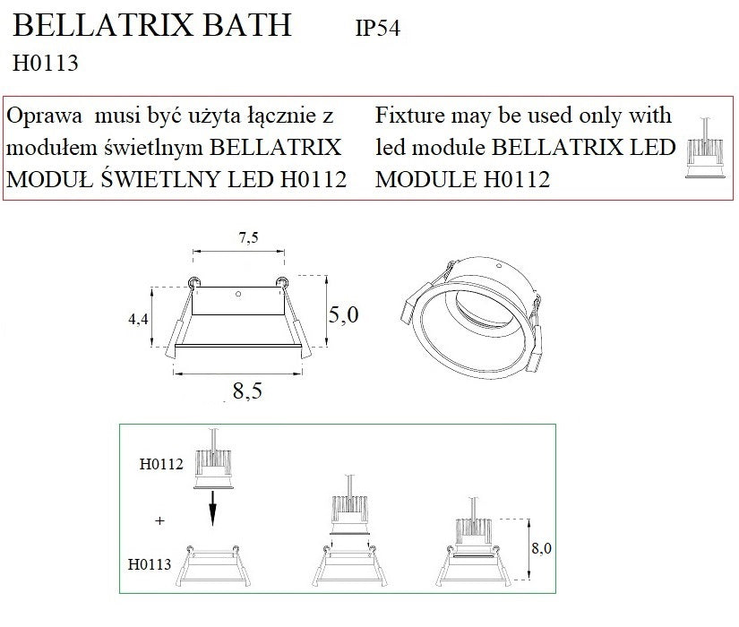 Rama pentru led Bellatrix Bath alb Ip54- compatibil cu modulul Led H0112 Maxlight H0113