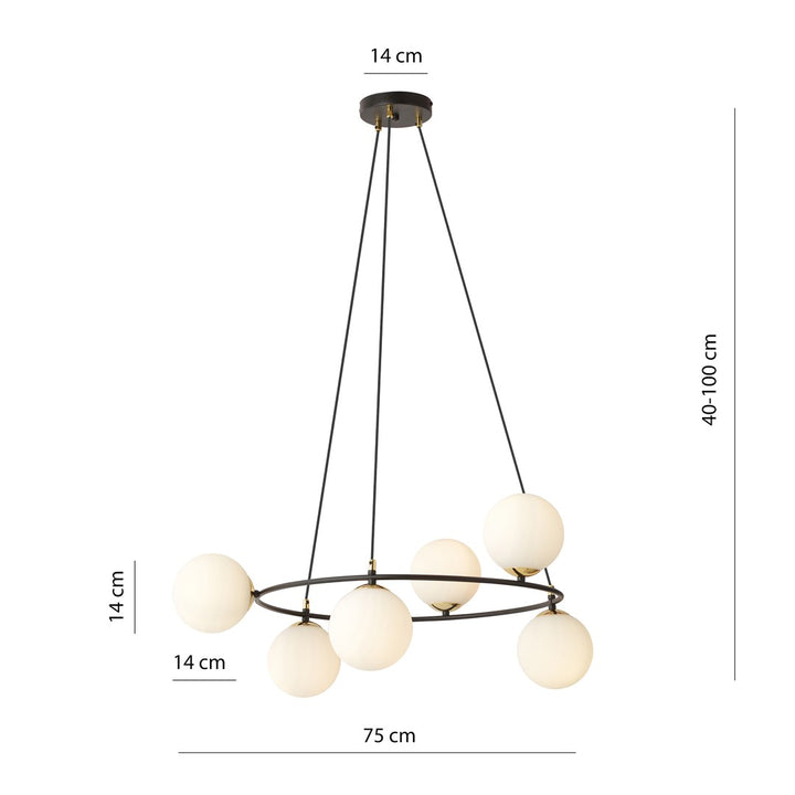 Lustra suspendata AZURA 6 neagra cu abajur opal