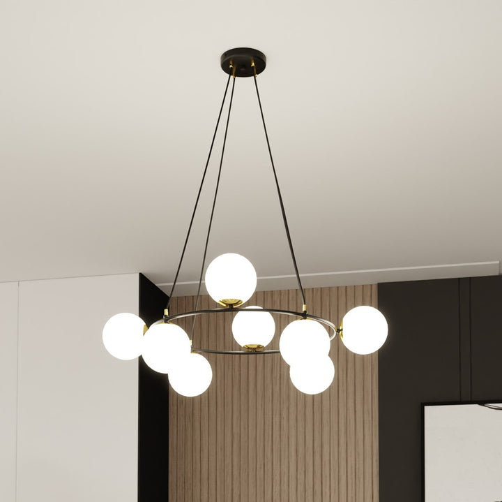 Lustra suspendata AZURA 8 neagra cu abajur opal