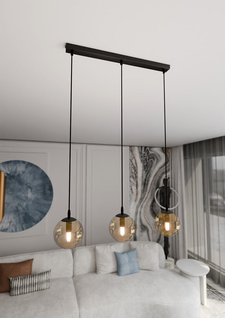 Lustra suspendata cu 3 pendule COSMO 3 neagra cu abajur chihlimbar