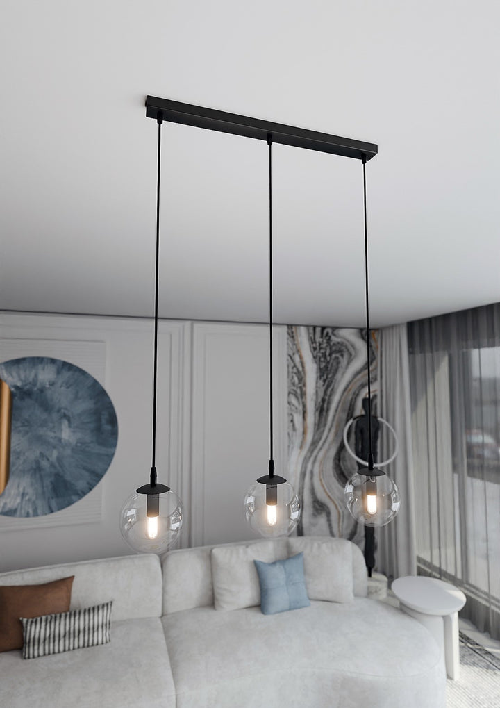 Lustra suspendata cu 3 pendule COSMO 3 neagra cu abajur transparent