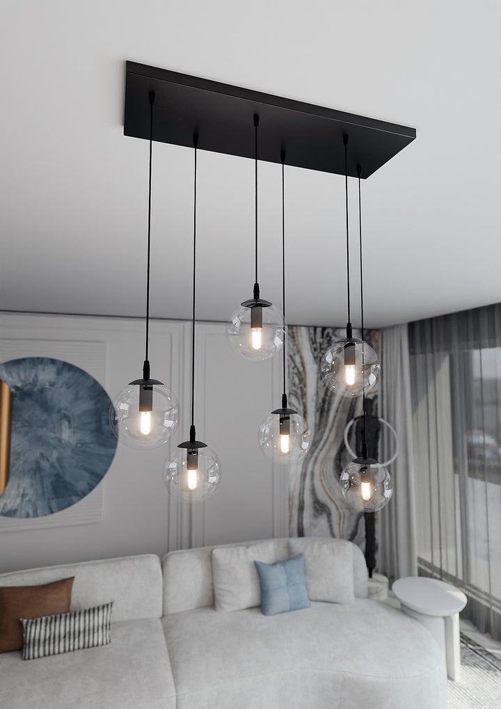 Lustra suspendata COSMO 6 neagra cu abajur transparent