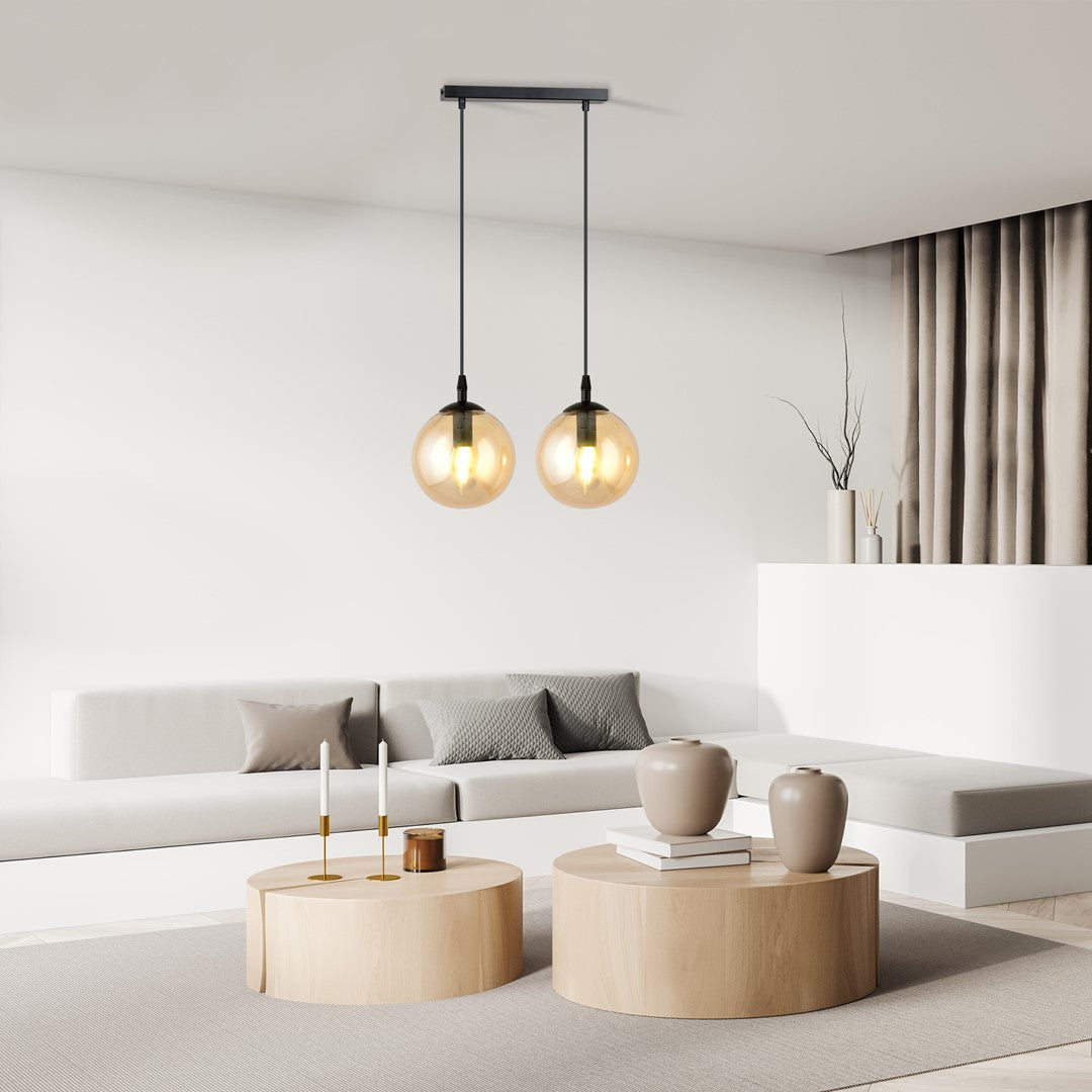Lustra suspendata cu 2 pendule COSMO 2 neagra cu abajur chihlimbar
