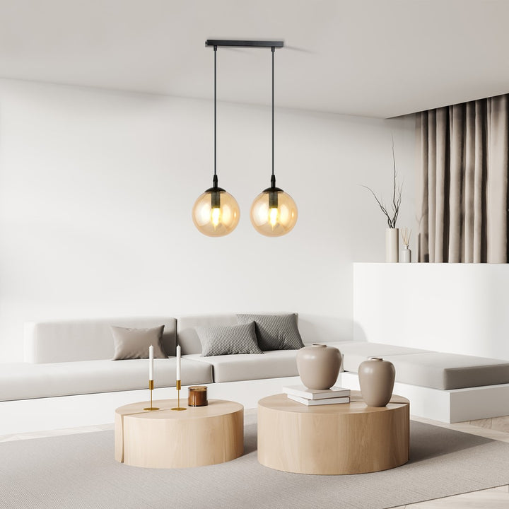 Lustra suspendata cu 2 pendule COSMO 2 neagra cu abajur chihlimbar