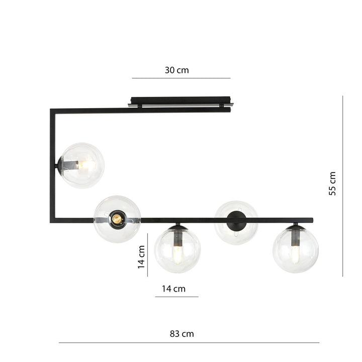 Plafoniera SOMA 5 neagra cu abajur transparent