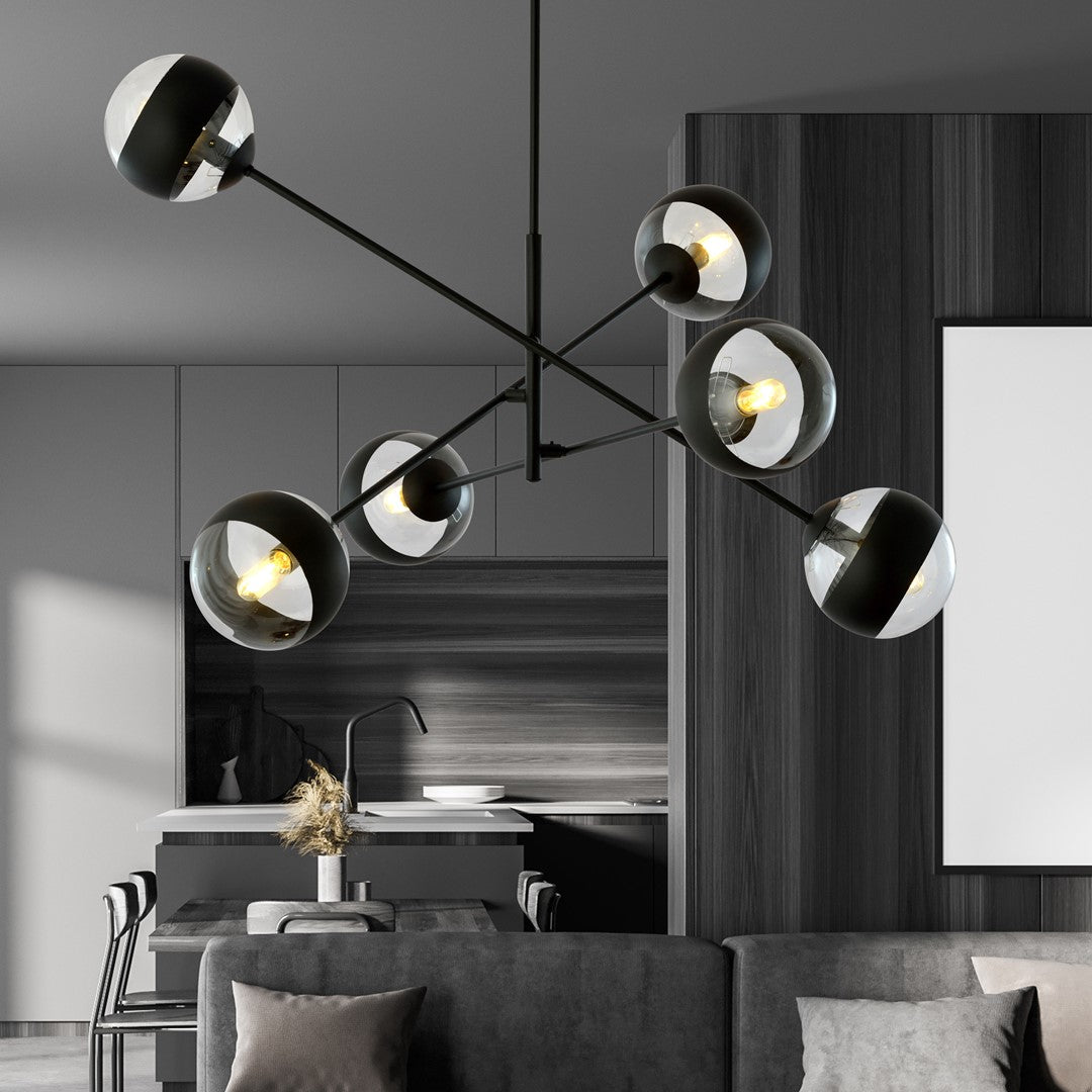Lustra LINEAR 6 neagra cu abajur dungat