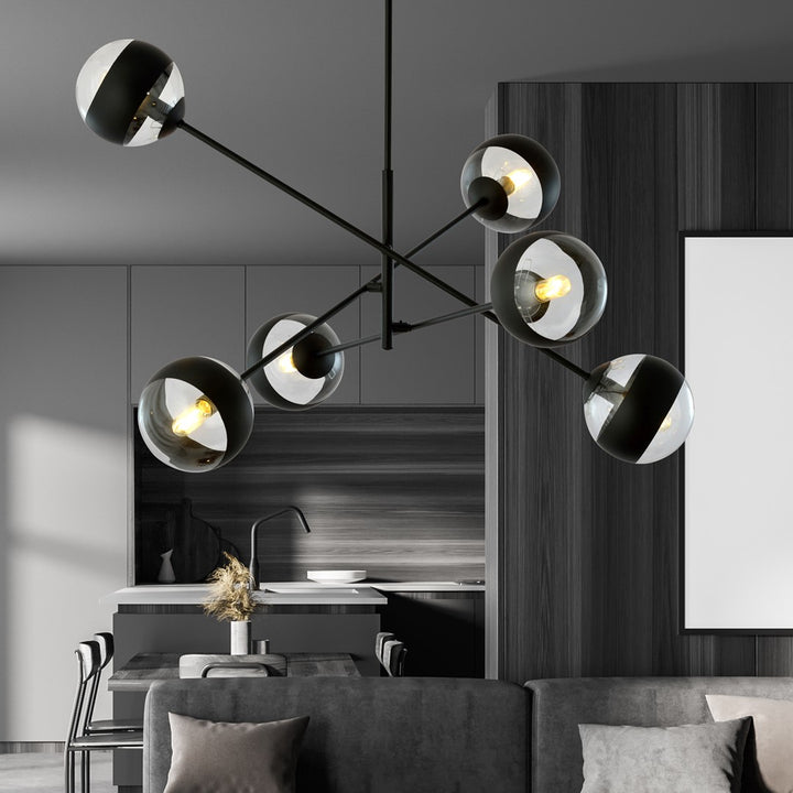 Lustra LINEAR 6 neagra cu abajur dungat