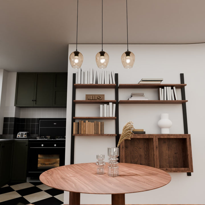 Lustra suspendata ISTAR 3 neagra cu abajur chihlimbar