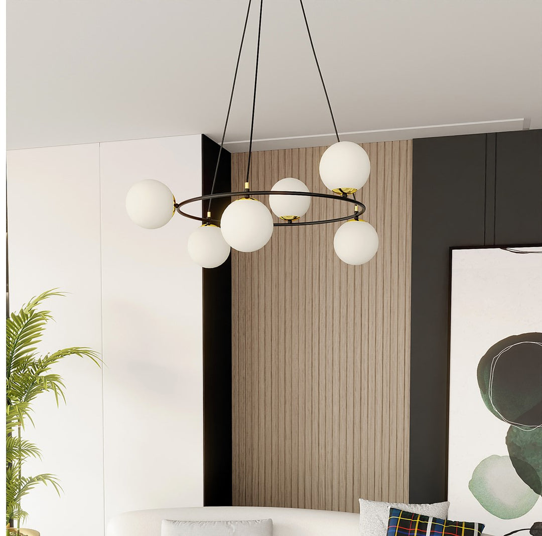 Lustra suspendata AZURA 6 neagra cu abajur opal