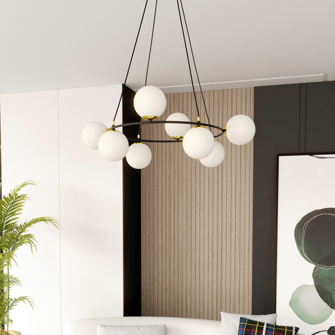 Lustra suspendata AZURA 8 neagra cu abajur opal