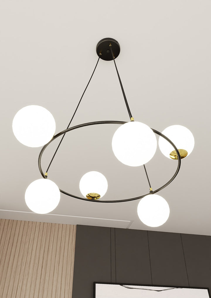 Lustra suspendata AZURA 6 neagra cu abajur opal