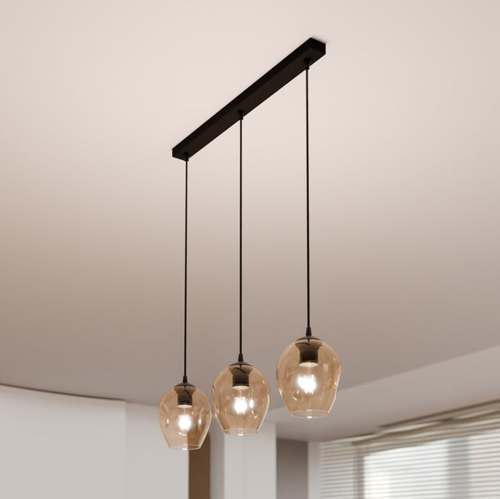 Lustra suspendata ISTAR 3 neagra cu abajur chihlimbar