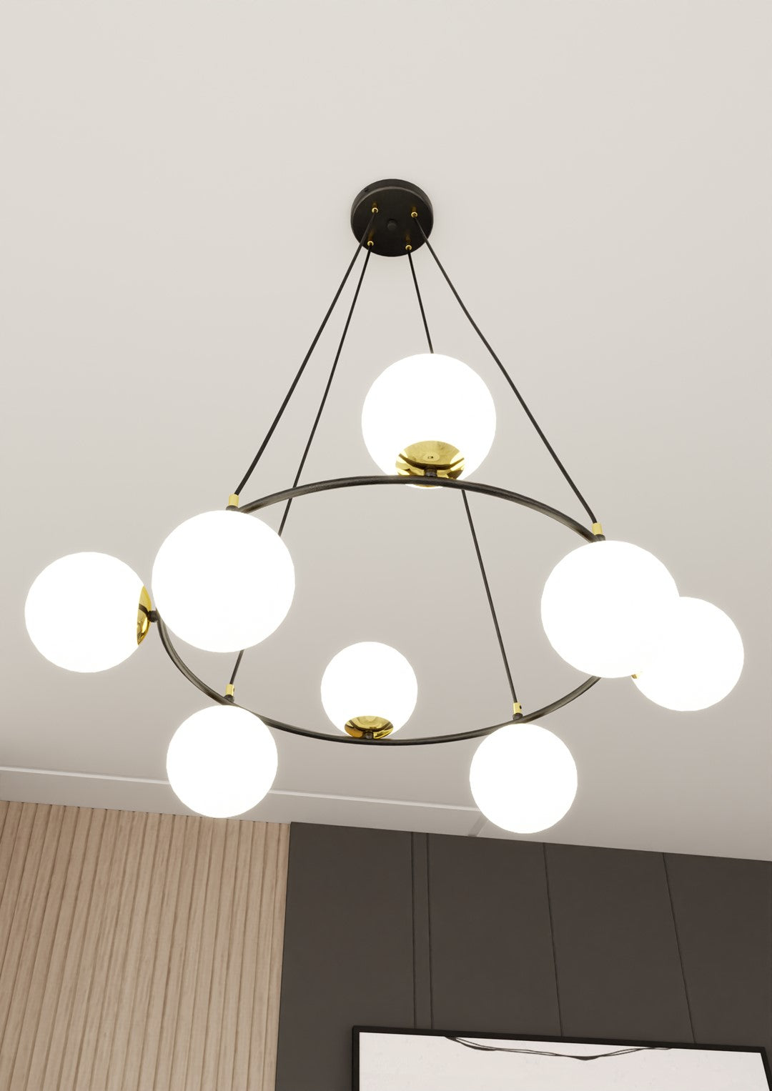 Lustra suspendata AZURA 8 neagra cu abajur opal