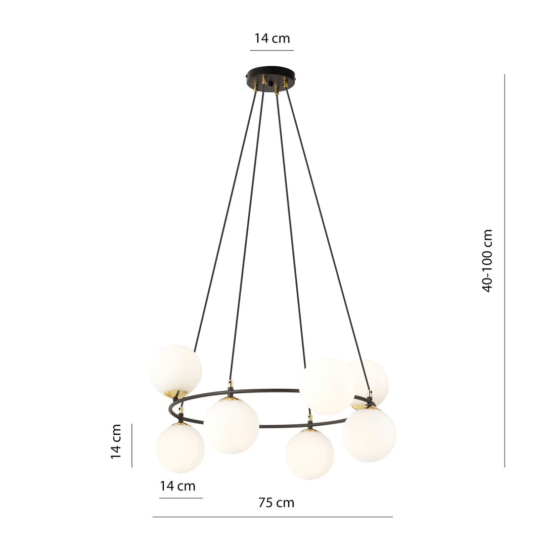 Lustra suspendata AZURA 8 neagra cu abajur opal
