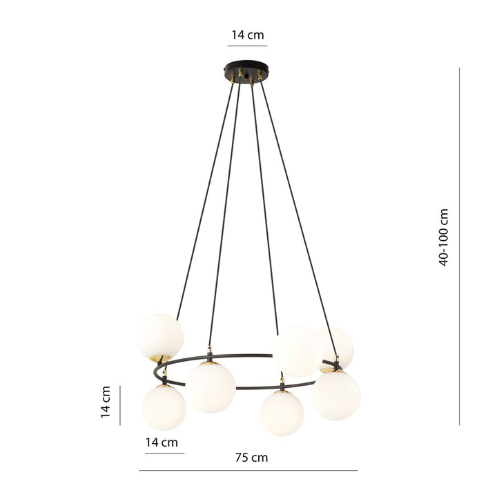 Lustra suspendata AZURA 8 neagra cu abajur opal