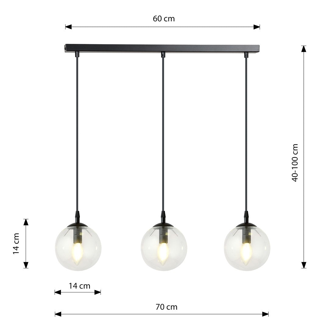 Lustra suspendata cu 3 pendule COSMO 3 neagra cu abajur transparent