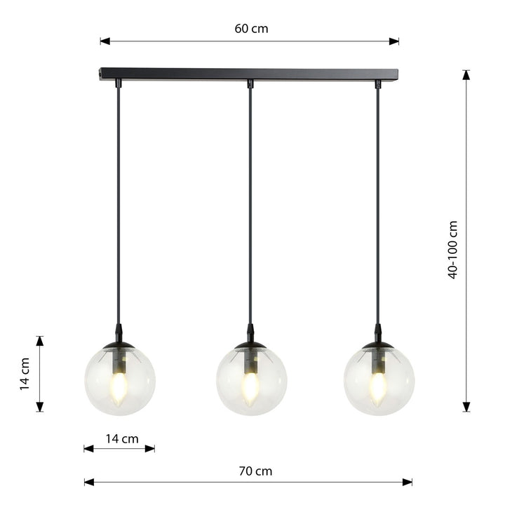 Lustra suspendata cu 3 pendule COSMO 3 neagra cu abajur transparent