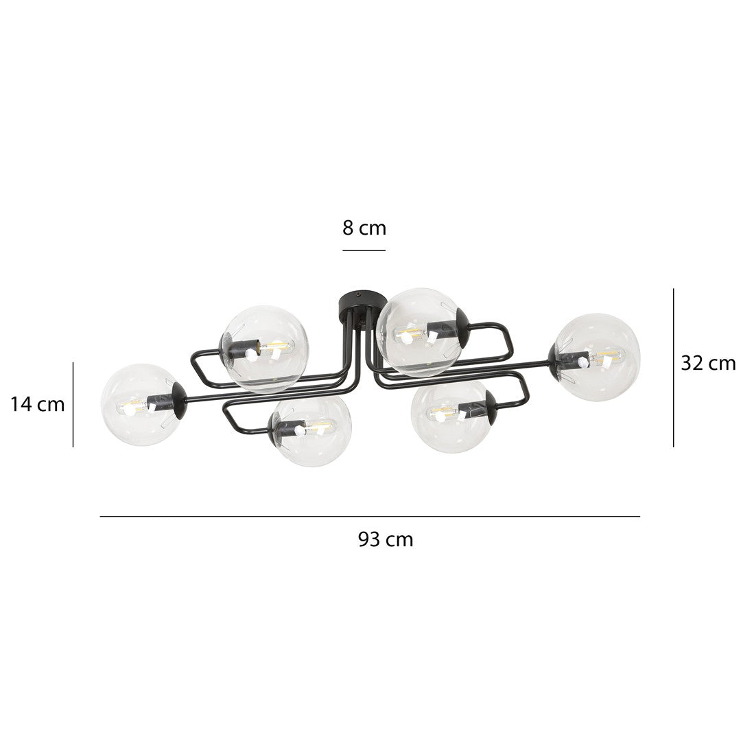 Plafoniera BRENDI 6A neagra cu abajur transparent