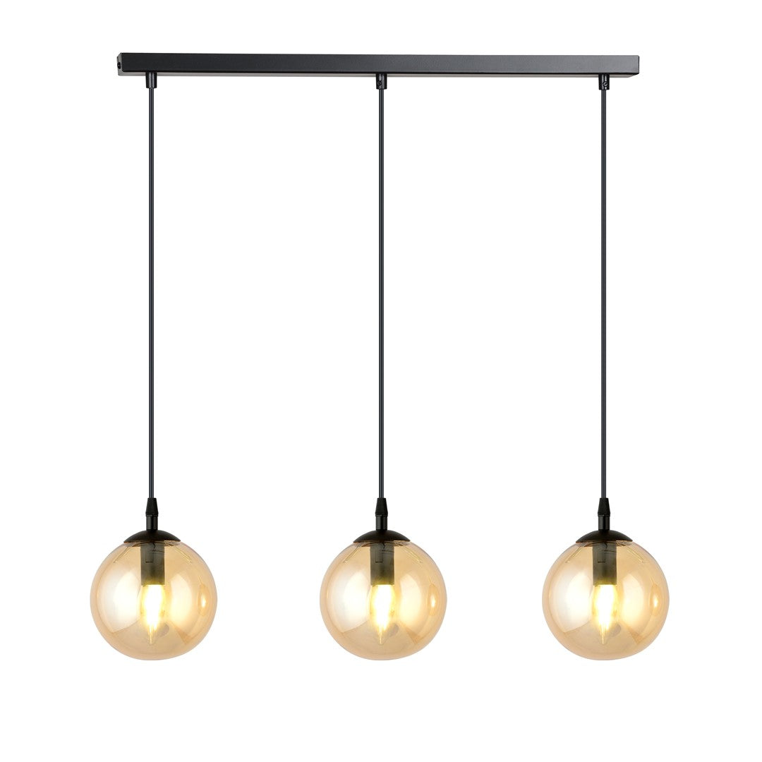 Lustra suspendata cu 3 pendule COSMO 3 neagra cu abajur chihlimbar