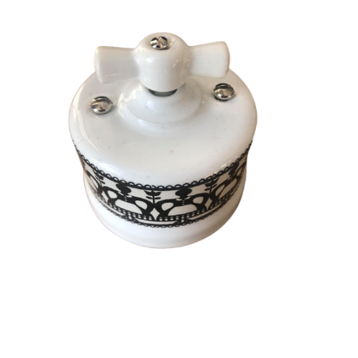 Intrerupator ceramic aparent dublu/interrupator alb cu decor negru
